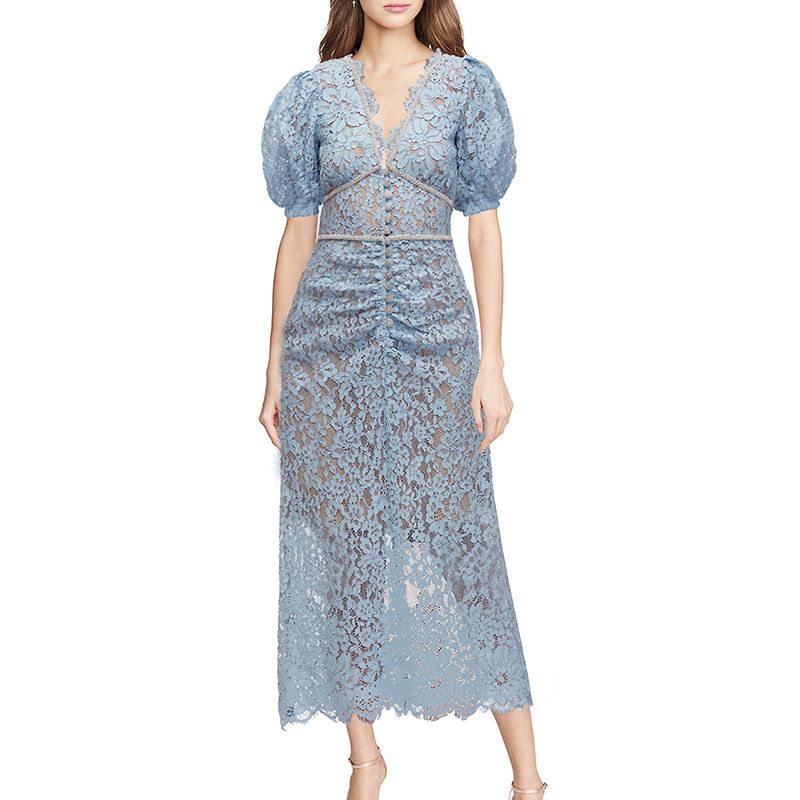 Blaues französisches Abendkleid, kann ein Spitzenkleid mit prominentem Temperament tragen, Frauen, Sommer 9433_voghion.com
