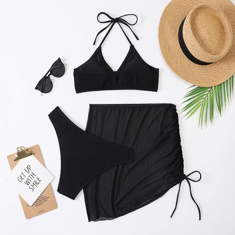Women's Clothing Spring And Summer New Women's Swimsuit Slim Fit Pure Color Sexy Fashion Hanging Neck Three Piece Set_voghion.com