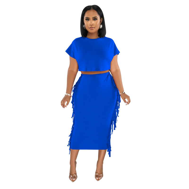 X6331 Ensemble deux pièces pour femme, robe longue à manches courtes et col rond, couleur unie, avec pompons_voghion.com