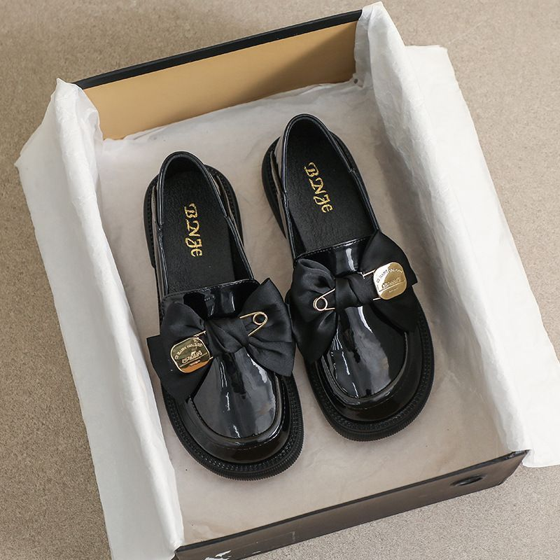 Paksupohjainen Loaferin Kevään ja Syksyn Retro Brittiläinen Pieni Nahka Musta Jouset Slip-On Pehmeäpohjainen Yksittäinen_voghion.com