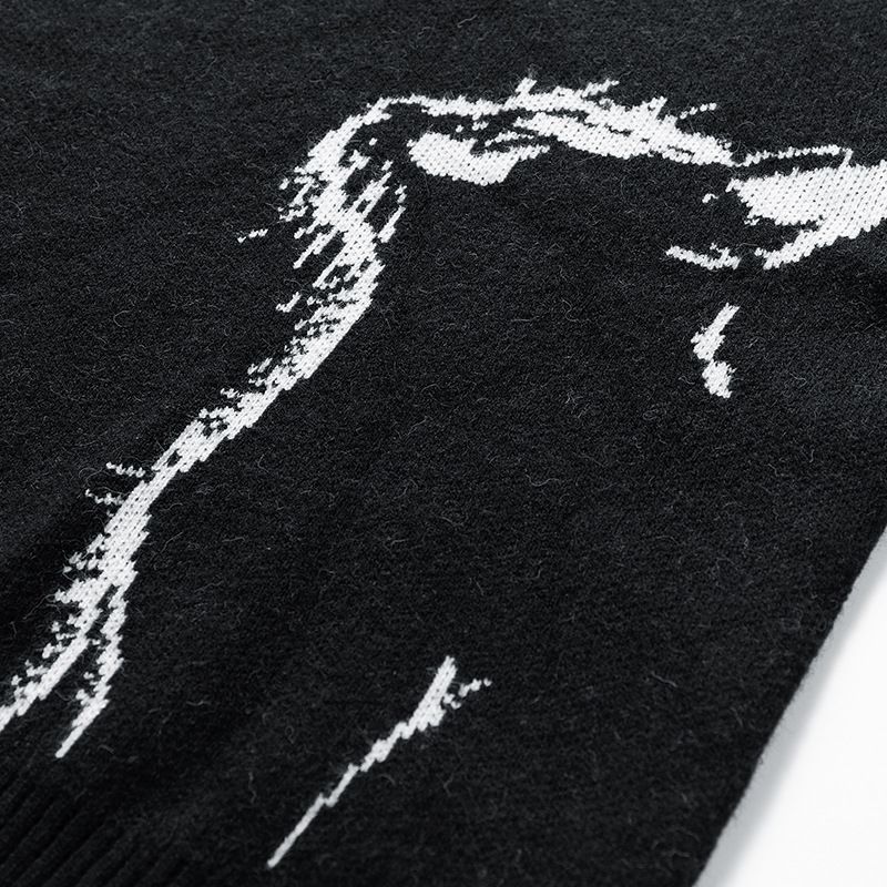 Pull noir à col rond, motif chaton mignon en jacquard, collection 2025. Veste tendance pour homme et couple. Haut style dessin animé._voghion.com