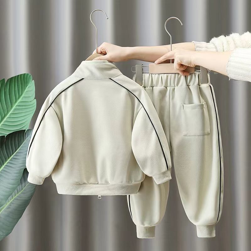 Completo sportivo da bambino, autunno casual, due pezzi, con elegante stampa di lettere, in comodo tessuto di poliestere per bambini (3-8 anni, 90-150 cm)_voghion.com