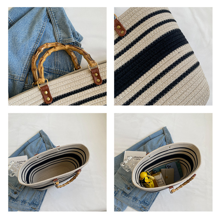 Temperament Popular Woven Women's Bag New Fashion Tote Bag Splicing Single Shoulder Large Capacity Bamboo Joint Hand Bag_voghion.com
