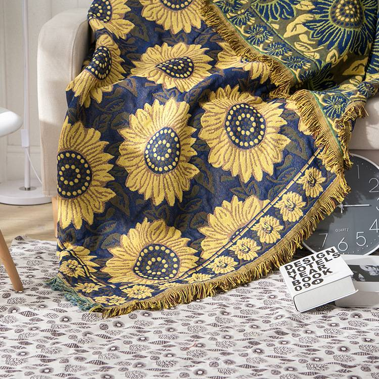 European Style Blue Sunflower Cotton Knitted Nap Sofa Office Blanket Wholesale Three Layer Thickened Pastoral Style Blanket_voghion.com