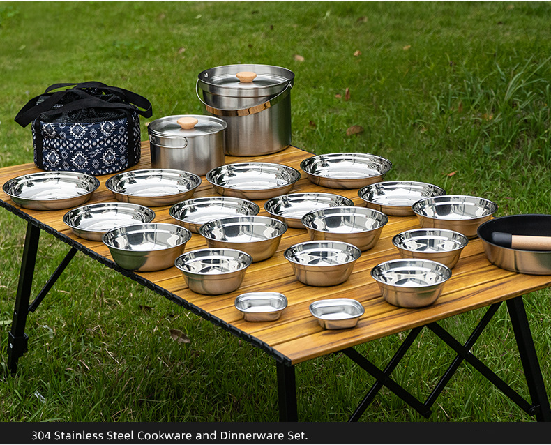 22-teiliges Camping-Kochgeschirrset aus Edelstahl 304 – Tragbares Outdoor-Kochset mit Dampfgarer, Suppentopf und Bratpfanne_voghion.com