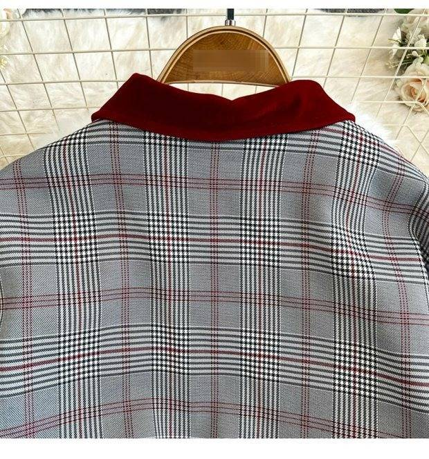 Kadınlar İçin Vintage Ekose Blazer ve Pileli Etek Takımı - Kırmızı ve Siyah Kışlık Rahat İki Parçalı Kıyafet_voghion.com