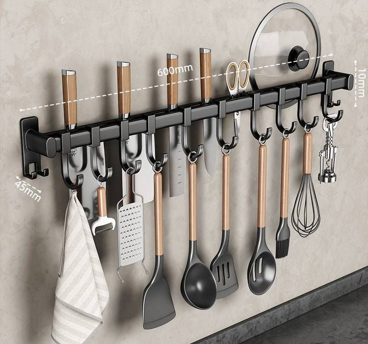 No Drill Kitchen Hooks Wall Mount Organizer - Space Saving Utensil Holder With Sturdy Aluminum Hooks_voghion.com