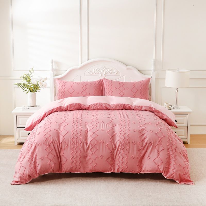 Nordisches geometrisches Bettbezug-Set – 3-teilige Jacquard-Bettwäsche mit altrosa Rautenmuster, Spannbettlaken-Stil_voghion.com
