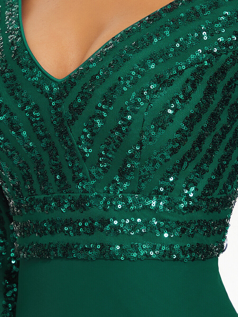 Women's chiffon double V-neck long skirt A-line large hem sequined stitching evening dress_voghion.com