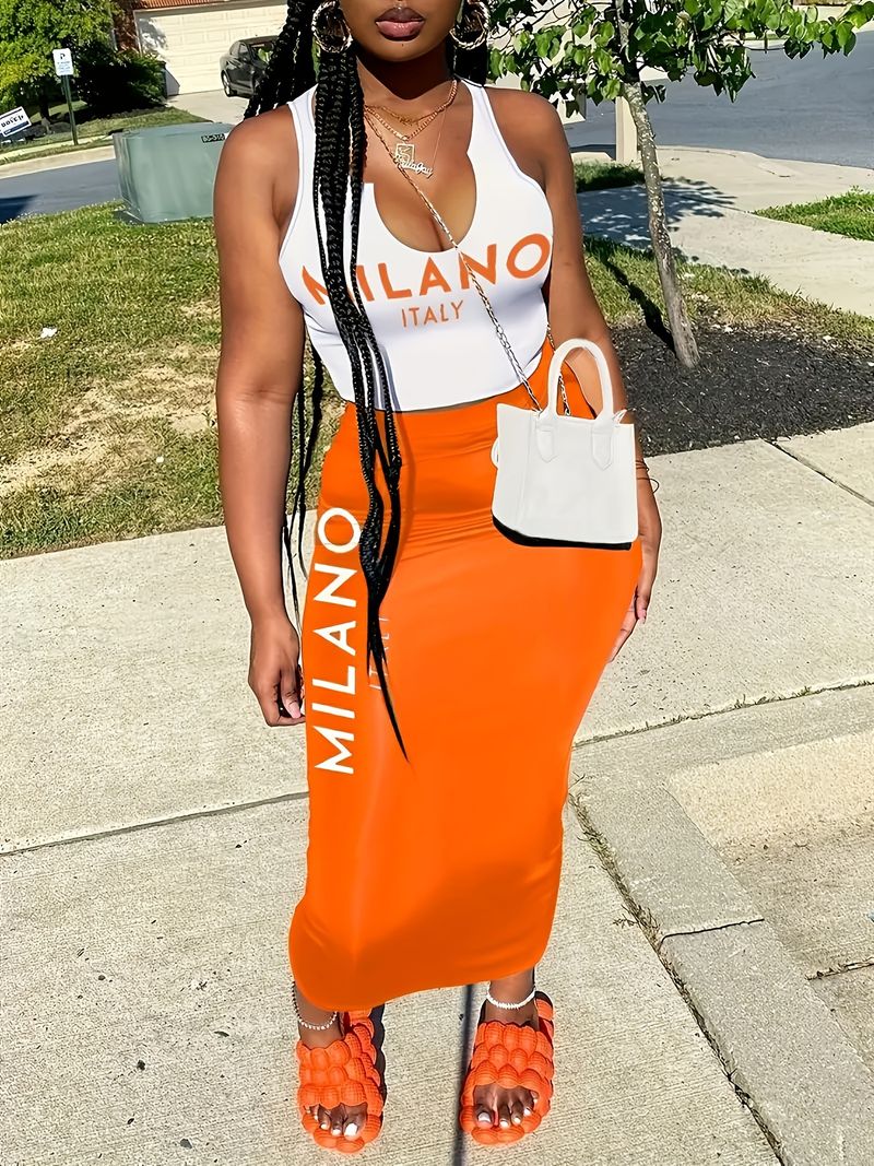 2025 Women's Fashion New Summer Letter Print Tank Top And Long Skirt Two-Piece Set_voghion.com