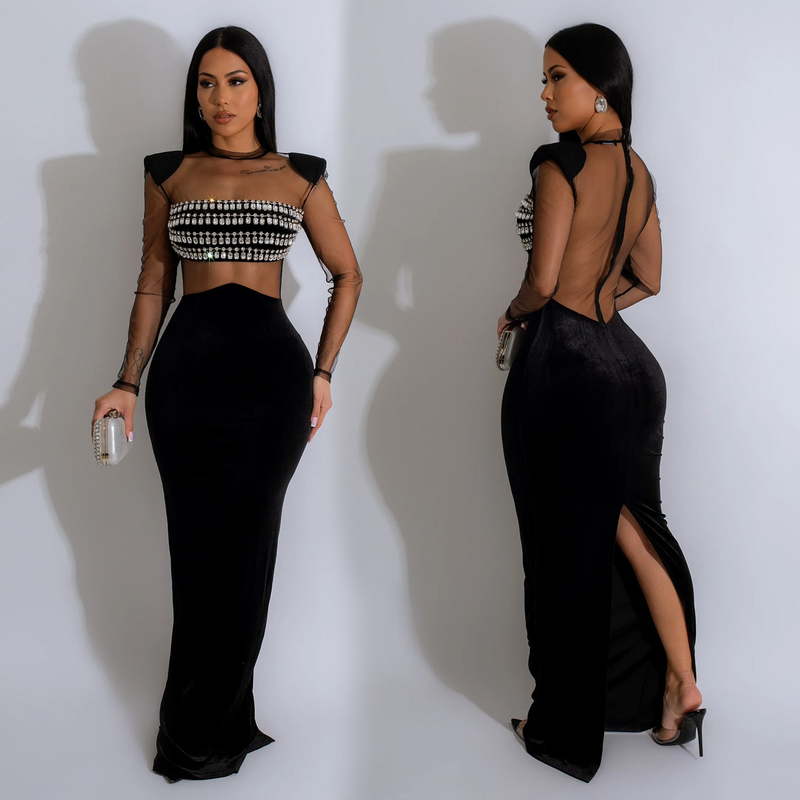 Women's solid color mesh rhinestone long-sleeved long skirt dress_voghion.com