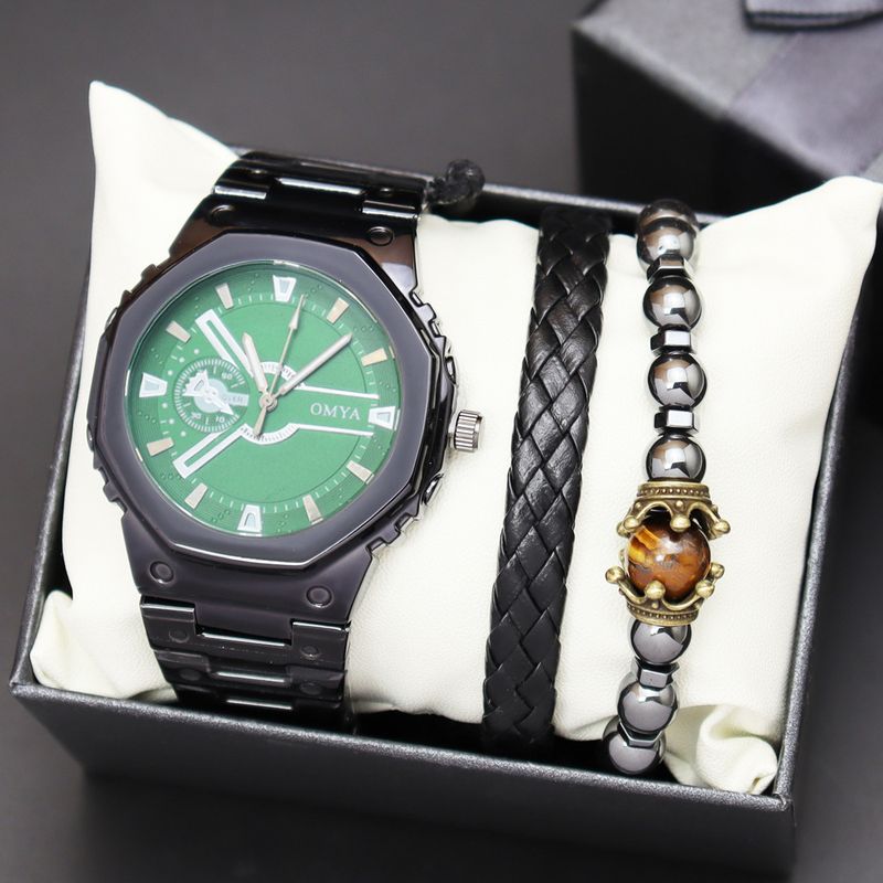 Geschenkbox Uhrenset Herren Quarz Wasserdicht Kalender Uhr Armband Stahlband_voghion.com