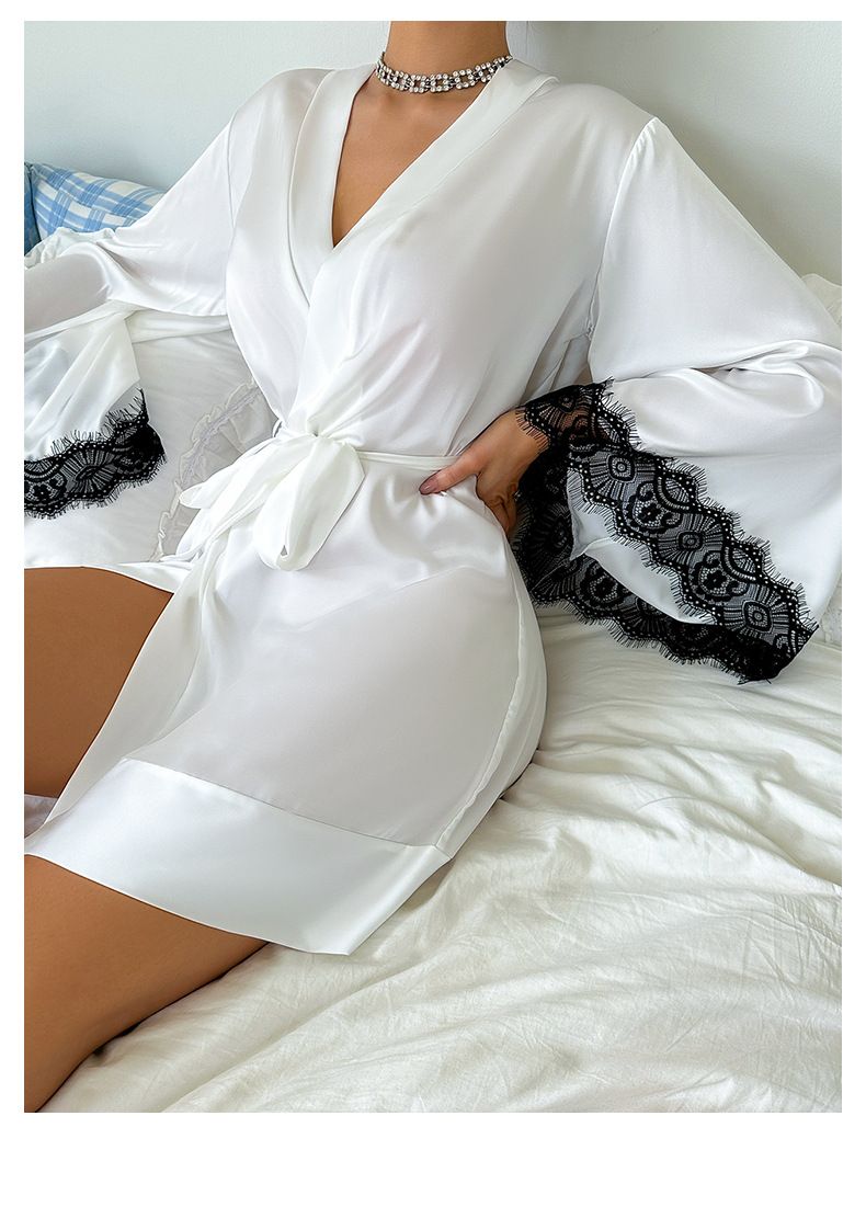 Europäische und amerikanische Cross Border Sexy Nachthemd Medium Bademantel Sexy Pyjamas Damen Langarm Damen Satin Home Kleidung Großhandel 735_voghion.com