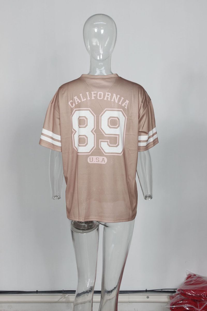 Dameskleding Splicing Letter Printing Losse Sport Stijl Jersey Korte Mouw T-shirt_voghion.com