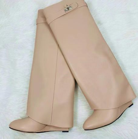 2024 New Round Toe Wide Shaft Straight Shark Buckle Mid-Calf Wedge Heel Boots For Women_voghion.com