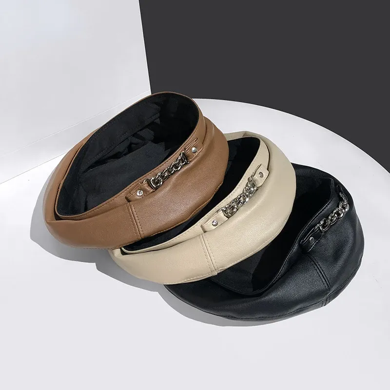 Mode Vintage Kvinnor Solid Cap Pu Läderkedja Basker Fransk konstnär Varm mössa Kvinnlig Dam All-Match justerbar hatt_voghion.com