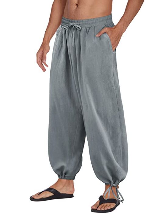 Man's clothing Yoga pants men's solid color casual pants loose cotton hemp drawstring bloomers sweatpants_voghion.com