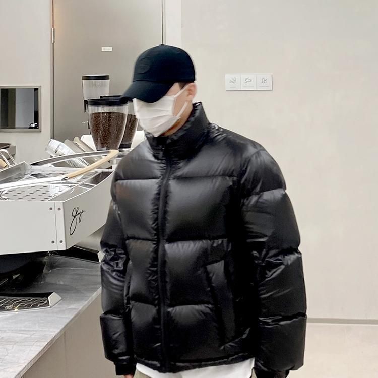 Men's Streetwear Short Puffer Jacket Winter Stand Collar Shiny Loose Fit Thickened Bomber Coat_voghion.com