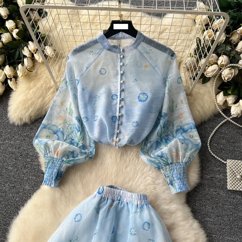 Women's clothing women's two-piece suit, ladylike temperament, lantern sleeve button-down slim-fitting top, high waist printed mesh skirt_voghion.com