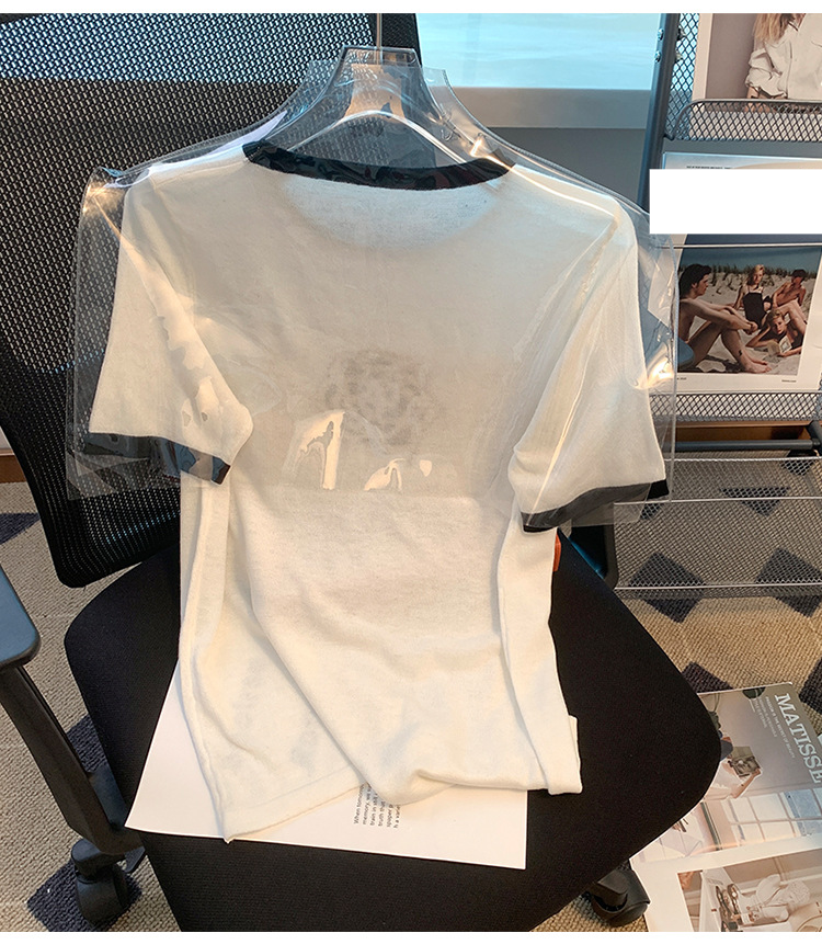 Abbigliamento da donna Elegante maglietta in seta ghiacciata con scollo rotondo a contrasto di colore, a maniche corte, in jacquard, estiva, da donna_voghion.com