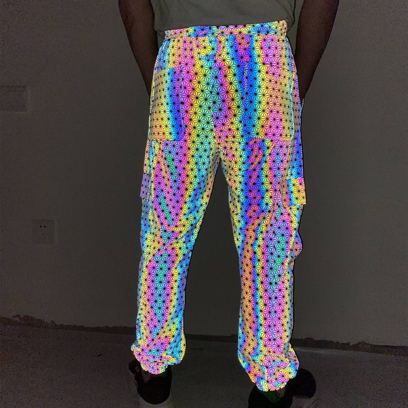Men's Clothing geometric pattern colorful reflective overalls men's knitted breathable casual loose skinny pants_voghion.com