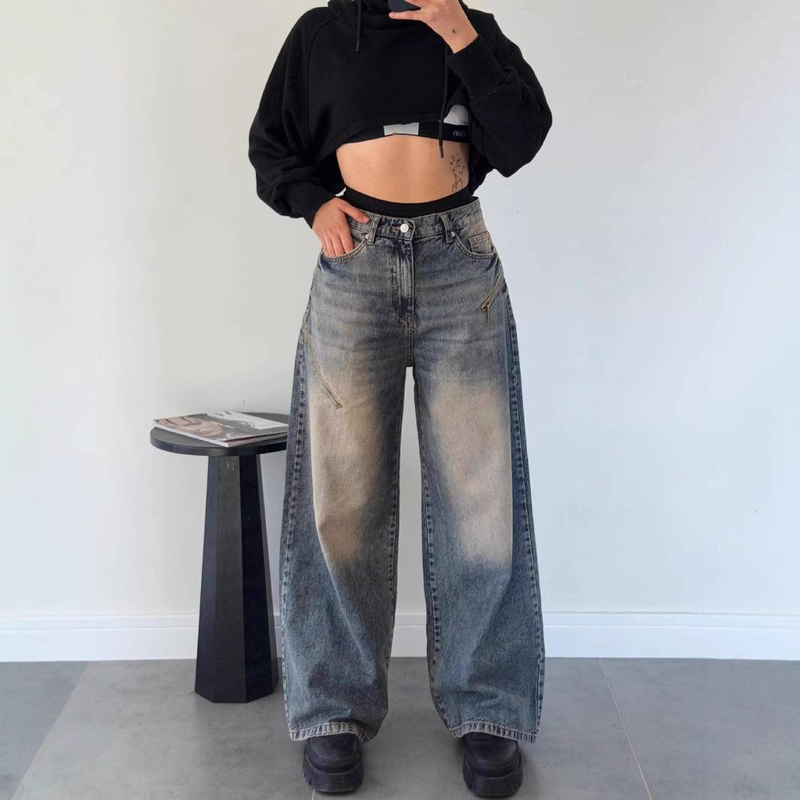 Dameskleding Retro Street Style Losse Gradiënt Versleten Mopping Dames Jeans_voghion.com