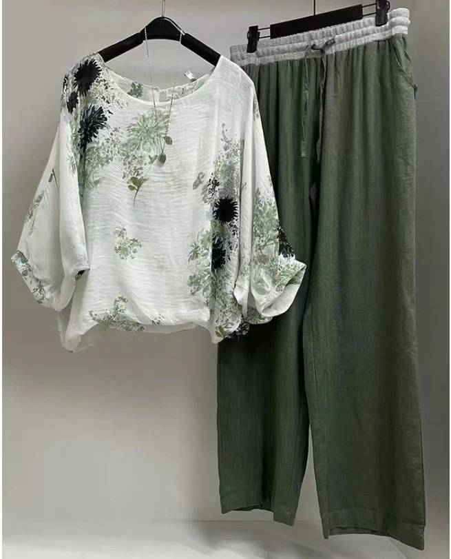 Roupas femininas Moda Ternos Femininos Elegantes Algodão E Linho Terno De Duas Peças_voghion.com