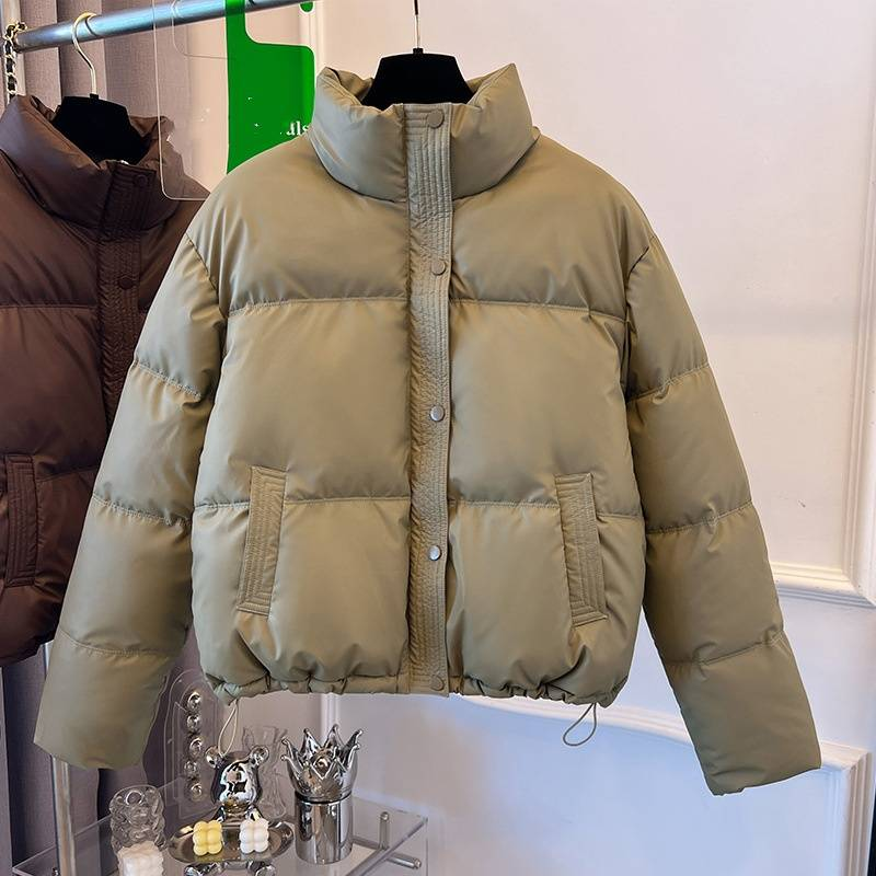 Pufferjacke aus PU-Leder für Damen, kurzer Stehkragen, dicker Slim Fit-Mantel mit Taschen für Freizeit- und Bürokleidung (Schwarz/Grün/Braun/Creme)_voghion.com