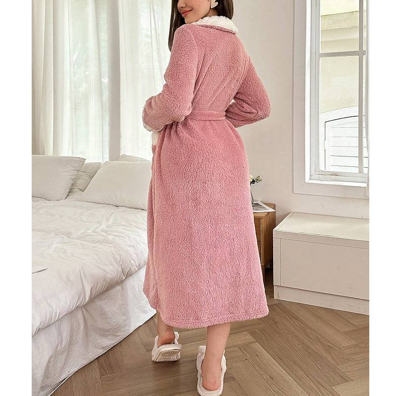 Women's Coral Fleece Robe With Oversized Lapel – Plush Winter Sleepwear For Home & Lounge (S/M/L/XL, Soft Pink, Elegance)_voghion.com