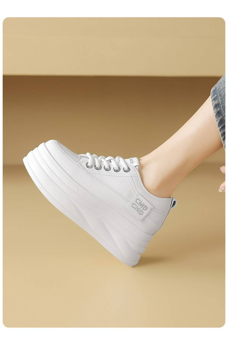 Cameido PU Thick Sole Comfortable Women's Casual Shoes - White Faux Leather & Flocking, Round Toe, 6CM Heel_voghion.com