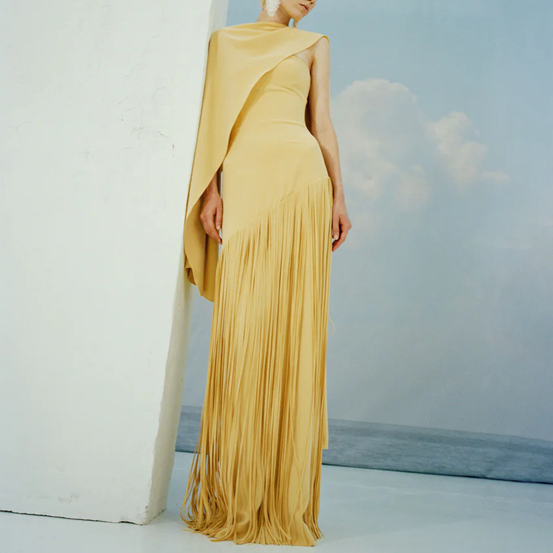 Elegant Tassel-Trim Long Dress – Solid Color Shawl Design Slim Fit Maxi Skirt For Women (S-XL, Yellow)_voghion.com