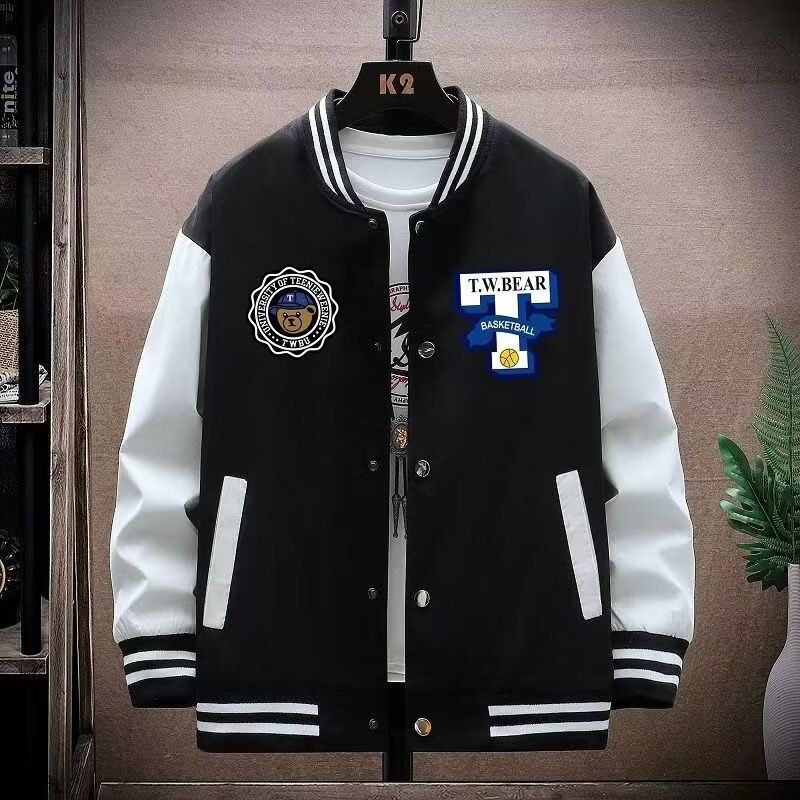 Herren Streetwear Baseballjacke – Übergroßer Unisex College-Mantel mit Print und geripptem Saum (S-3XL, Schwarz/Blau/Grün/Weiß)_voghion.com