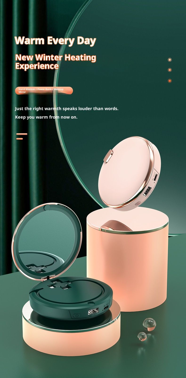 Set regalo 3 in 1 in stile vintage: specchio per il trucco a LED, power bank da 6000 mAh e scaldamani regolabile con ricarica USB - illuminazione bifacciale_voghion.com