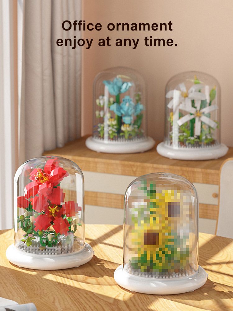 Oświetlenie DIY Zestawy klocków dla dzieci Kompozycje kwiatowe z osłoną przeciwkurzową Tulipan Róża Słonecznik Sukulenty Ogrody Zabawki modelowe_voghion.com