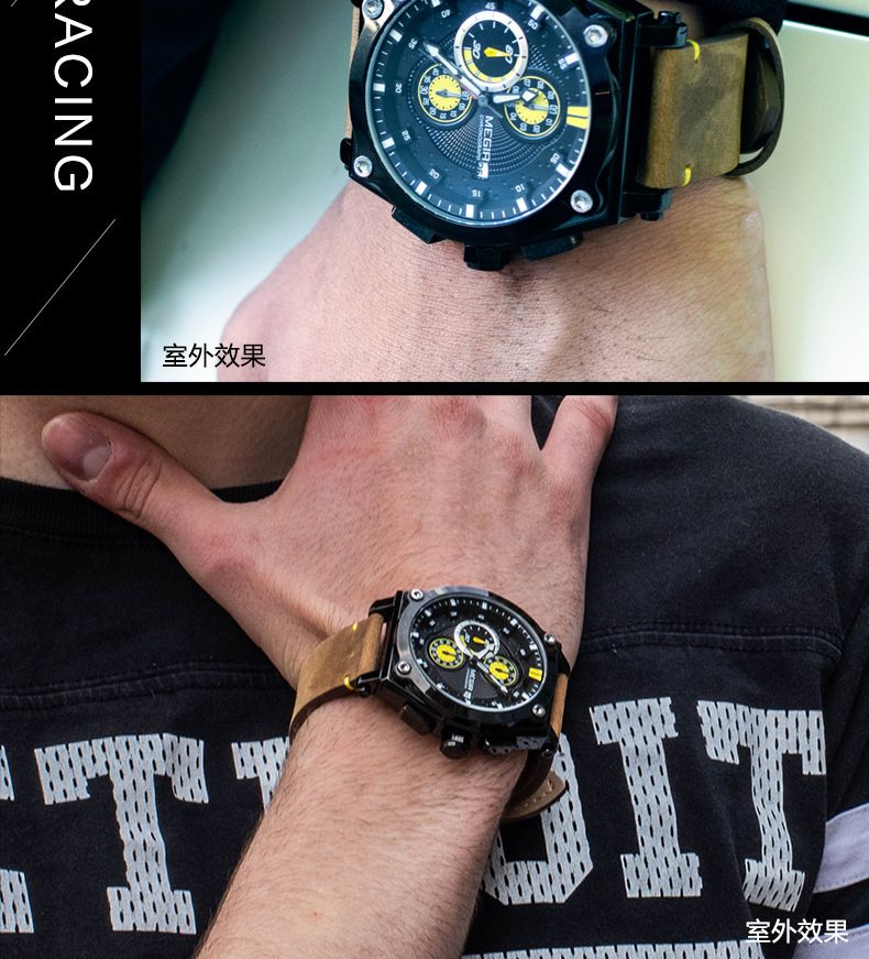 Orologio sportivo da uomo MEGIR in vera pelle con cronografo, resistente all'acqua, luminoso, multifunzione, design elegante_voghion.com