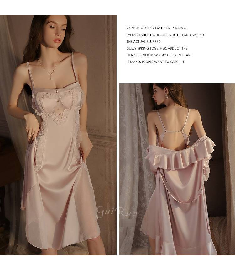 Ensemble nuisette et peignoir Guiruo en dentelle – Nuisette en satin douce et sensuelle avec lien ajustable et soutien-gorge intégré (Crème/Lavande, S/M)_voghion.com