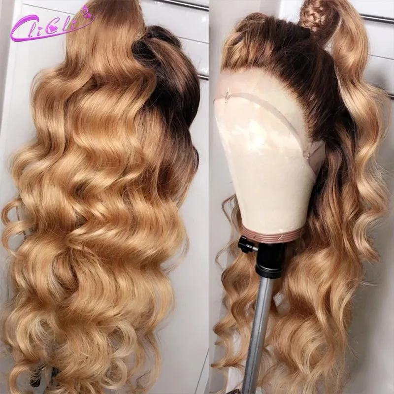 Peluca de cabello humano ombré 1B/27 en oferta con ondas corporales, encaje frontal HD para mujer, rubio miel, sin pegamento, 13 x 4_voghion.com