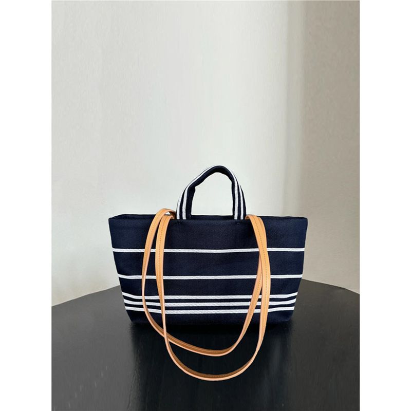 Denim Tote For Women, Large Capacity, Color-Block Striped, Casual Vacation Beach Handheld Canvas Bag, Shoulder Bag_voghion.com