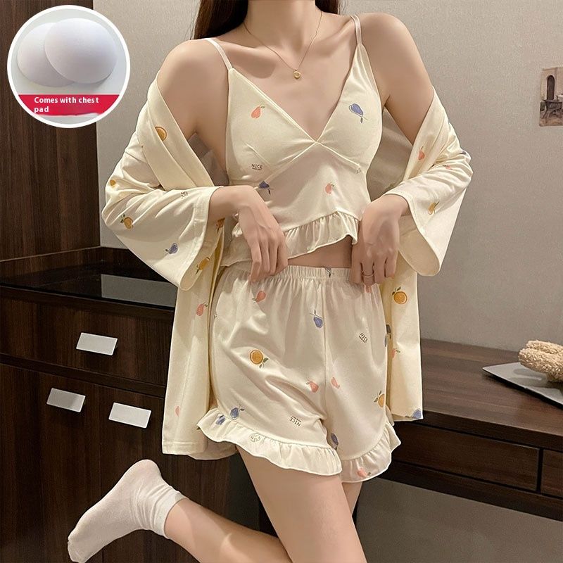 2024 summer cotton (with chest cushion) shorts, camisoles, kimono, pajamas, women's three piece set, home_voghion.com