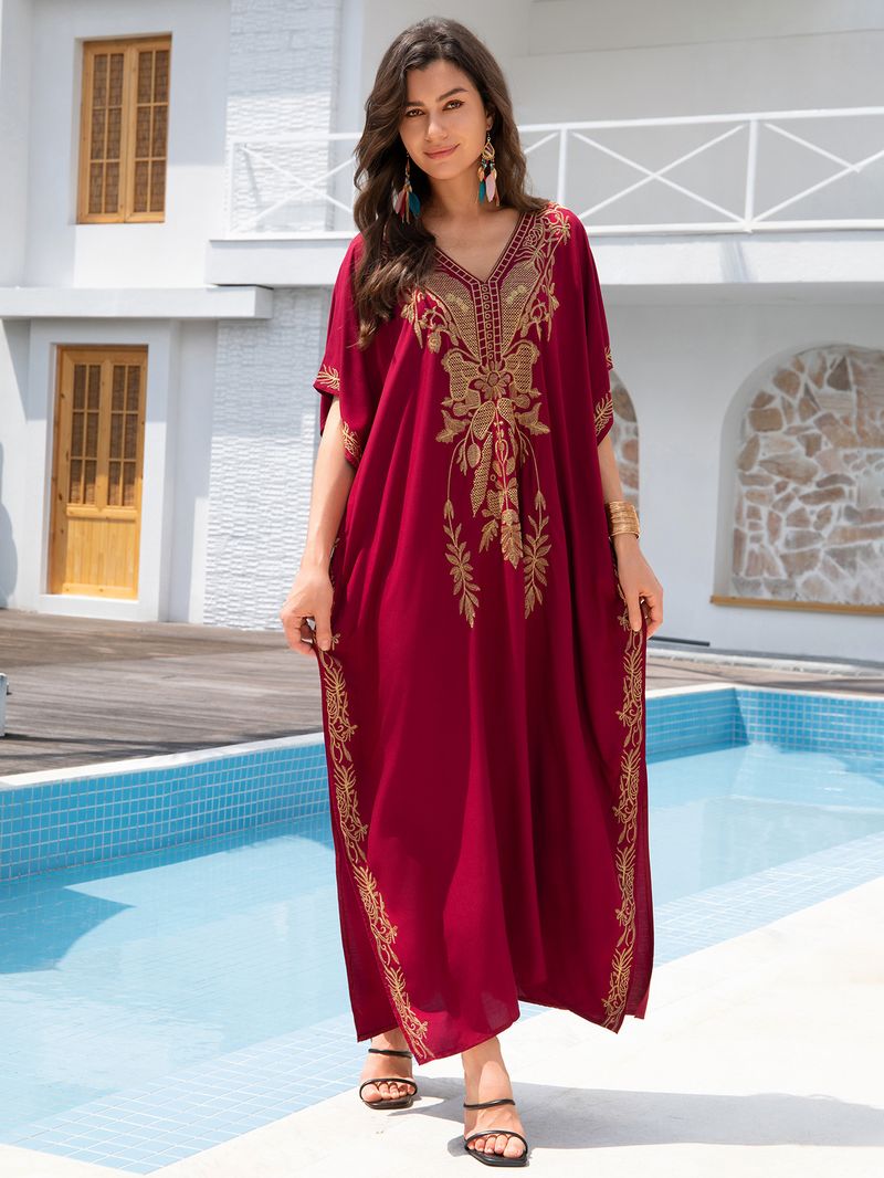 Women's Embroidered Beach Cover-Up – Lightweight Cotton Bikini Robe For Swim & Sun (Red/Black/Kong Blue, One Size)_voghion.com