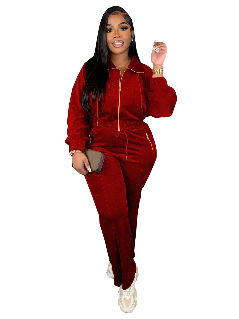 Damenbekleidung Elegantes Damen-Set aus langärmligem Stehkragen, Reißverschluss vorne und Strickjacke und Hose – zweiteiliges Winter-Outfit in Unifarben (Grau, Schwarz, Rot)_voghion.com