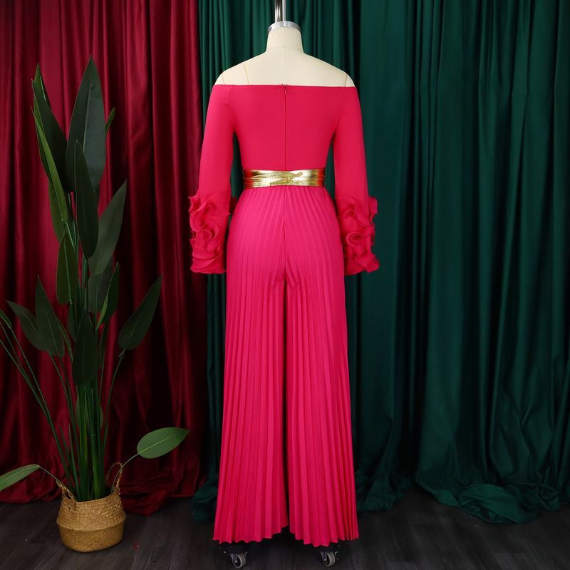 Dameskleding Nieuwe mode Een schouder Ruffle mouw Effen kleur Geplooide wijde pijpen Jumpsuit_voghion.com