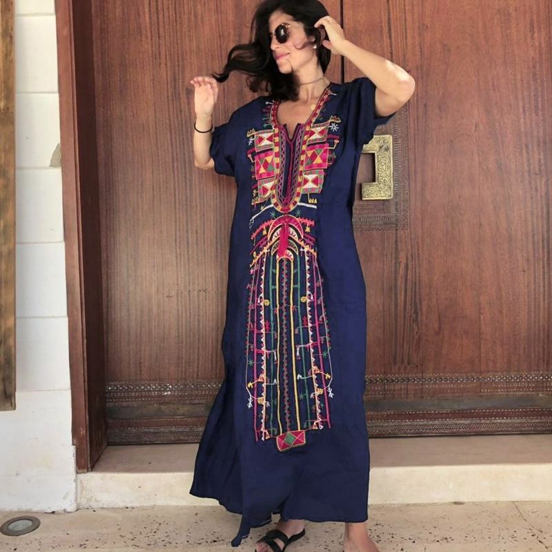 Damenbekleidung, Rayon, besticktes Strandkleid, langes Kleid, Boho-Chic, Sonnenschutz, Bademode, Überzug für Pool, Urlaub, Bikini (Marineblau)_voghion.com