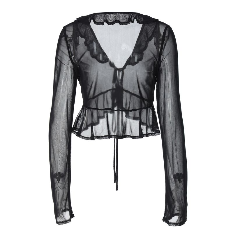 Cardigan in rete trasparente sexy con lacci e maniche lunghe, moda donna estate 2025, molto venduto_voghion.com