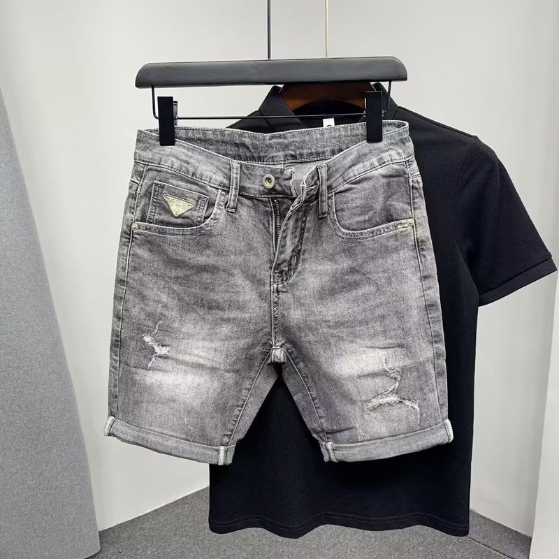 Summer New Denim Shorts Five Quarter Brand Slightly Wide Printed Trendy Korean Version Elastic Tear Hole Middle Men's_voghion.com