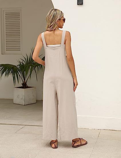 Women's clothing Sleeveless Cotton and Linen Overalls Adjustable Straps Wide Leg Jumpsuit with Pockets_voghion.com