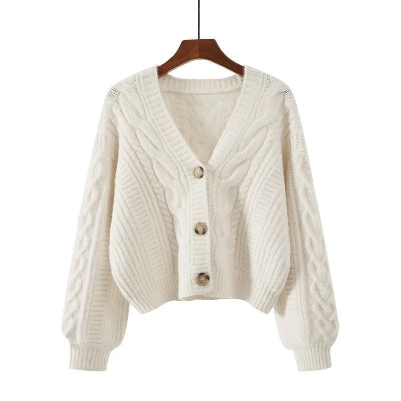 Cardigan en maille torsadée à col en V pour femme – Pull oversize doux et confortable (Camel/Blanc/Rouge, taille unique)_voghion.com