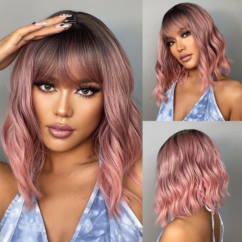 HAIRCUBE parrucca sintetica ondulata con frangia caschetto corto parrucche rosa parrucca riccia ondulata lunghezza spalle parrucca Cosplay parrucca colorata quotidiana_voghion.com
