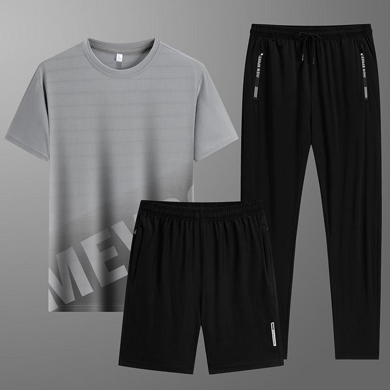 CT Summer Three-Piece Set Ice Silk Long Pants Casual Youth Sports Suit Men's Short Sleeve T-Shirt Shorts Trendy_voghion.com