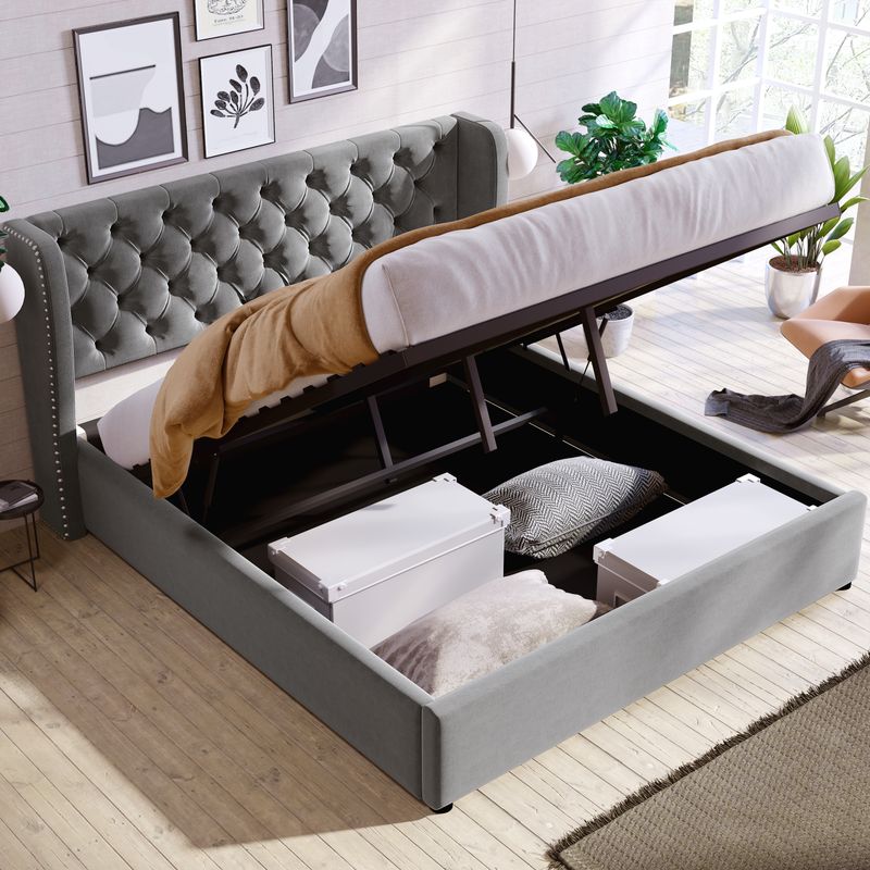 Lit double 140 x 200 cm, matelas coffre hydraulique en velours capitonné à gros boutons, sommier à lattes, sommier non tissé noir anti-poussière, gris_voghion.com